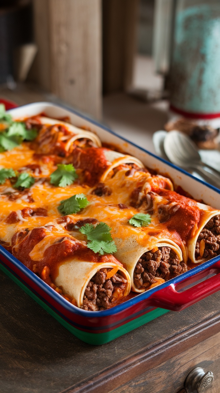 A colorful bake of spicy beef and bean enchiladas topped with cheese and cilantro, ready to serve.